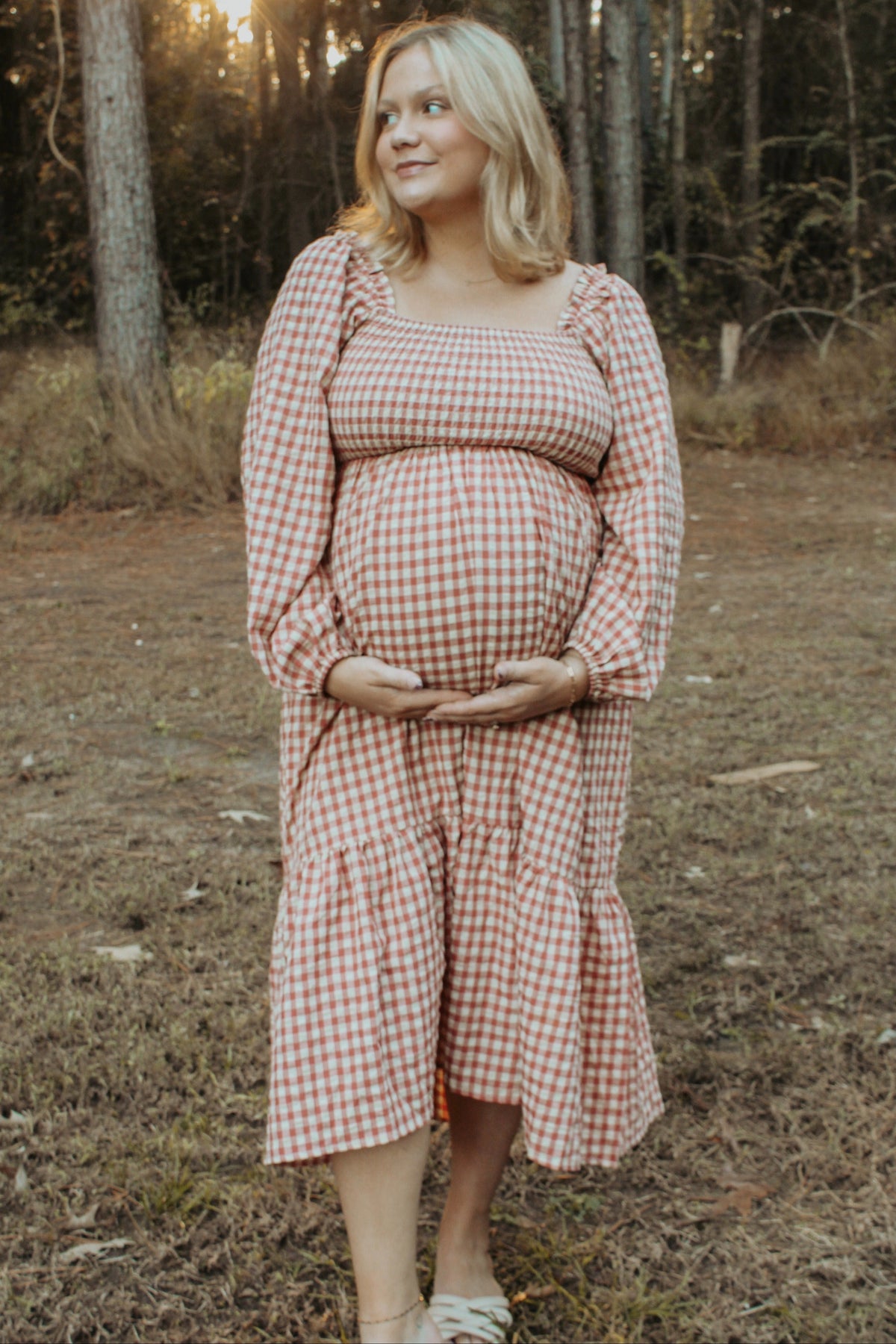Rust Gingham Long Sleeve Maternity Midi Dress by PinkBlush (view 8 of 13)