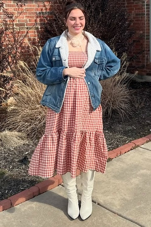 Rust Gingham Long Sleeve Maternity Midi Dress by PinkBlush (view 10 of 13)
