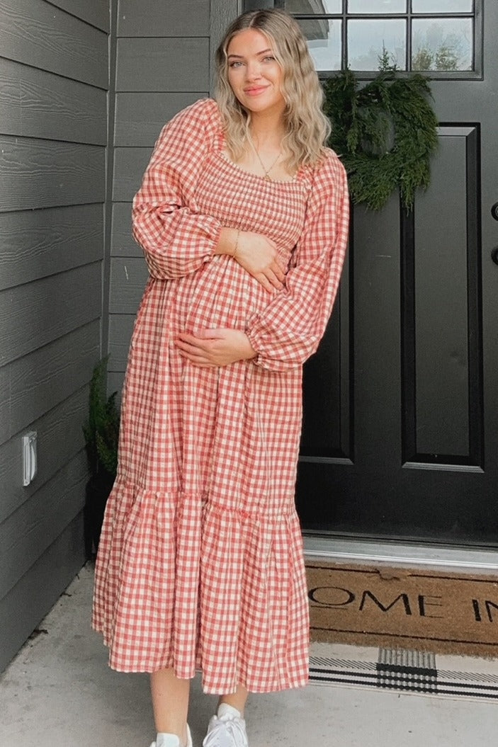 Rust Gingham Long Sleeve Maternity Midi Dress by PinkBlush (view 11 of 13)