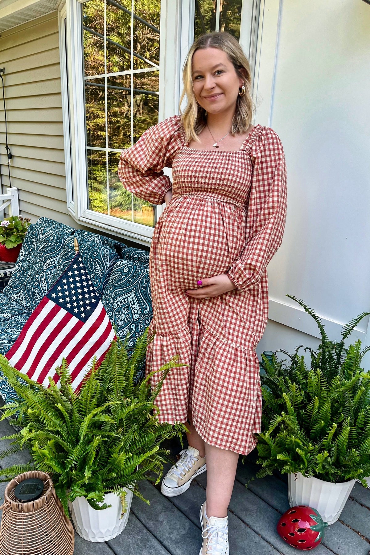 Rust Gingham Long Sleeve Maternity Midi Dress by PinkBlush (view 12 of 13)