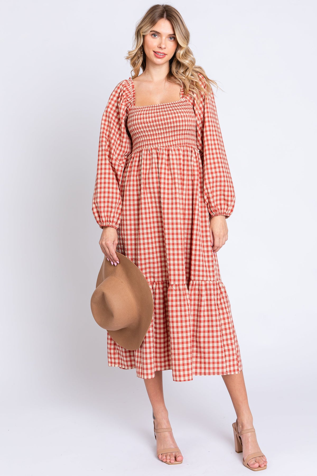 Rust Gingham Long Sleeve Maternity Midi Dress by PinkBlush (view 13 of 13)