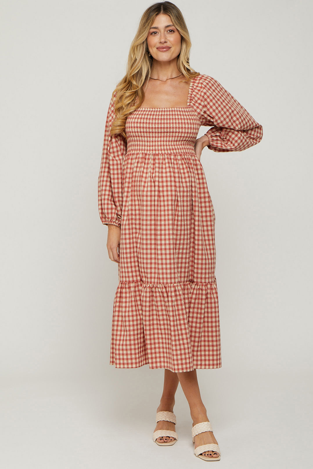 Rust Gingham Long Sleeve Maternity Midi Dress by PinkBlush (view 2 of 13)