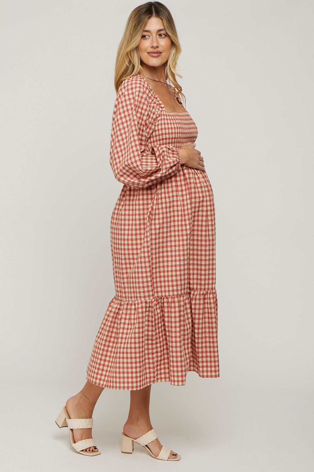 Rust Gingham Long Sleeve Maternity Midi Dress by PinkBlush (view 3 of 13)