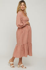 Rust Gingham Long Sleeve Maternity Midi Dress by PinkBlush (view 3 of 13)