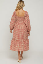 Rust Gingham Long Sleeve Maternity Midi Dress by PinkBlush (view 4 of 13)