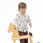 Baby long sleeve western shirt with horse wrangler print and pearl snap button front