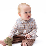 Long sleeve baby shirt in western plaid with pearl snap front and Howdy embroidery on the back