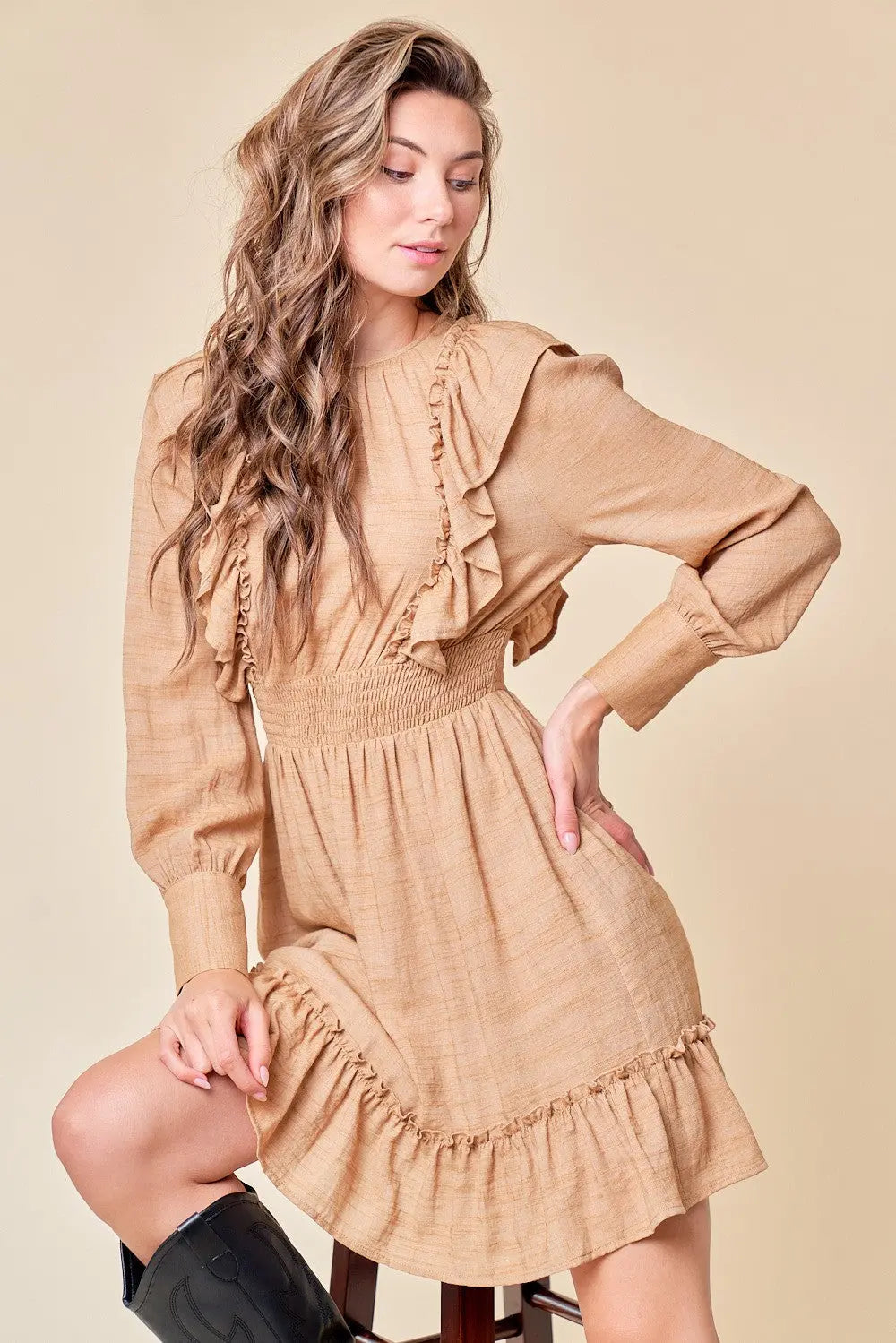 PinkBlush PinkBlush Sand Ruffle Woven Dress for Effortless Elegant Style - Apparel & Accessories > Clothing > Dresses