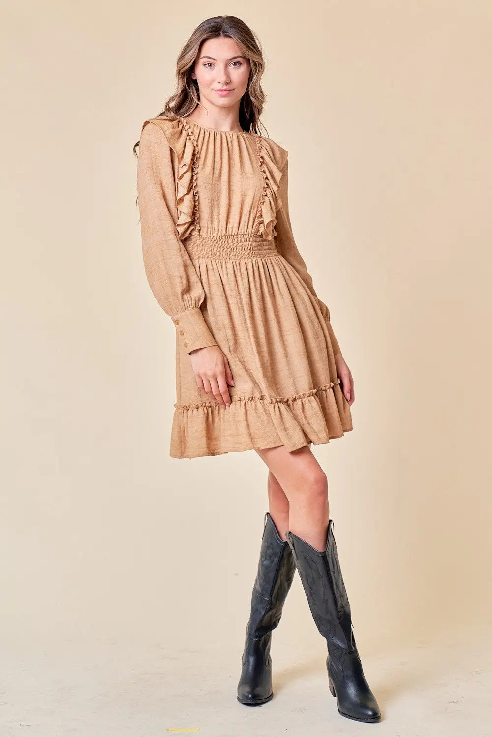 PinkBlush PinkBlush Sand Ruffle Woven Dress for Effortless Elegant Style - Apparel & Accessories > Clothing > Dresses