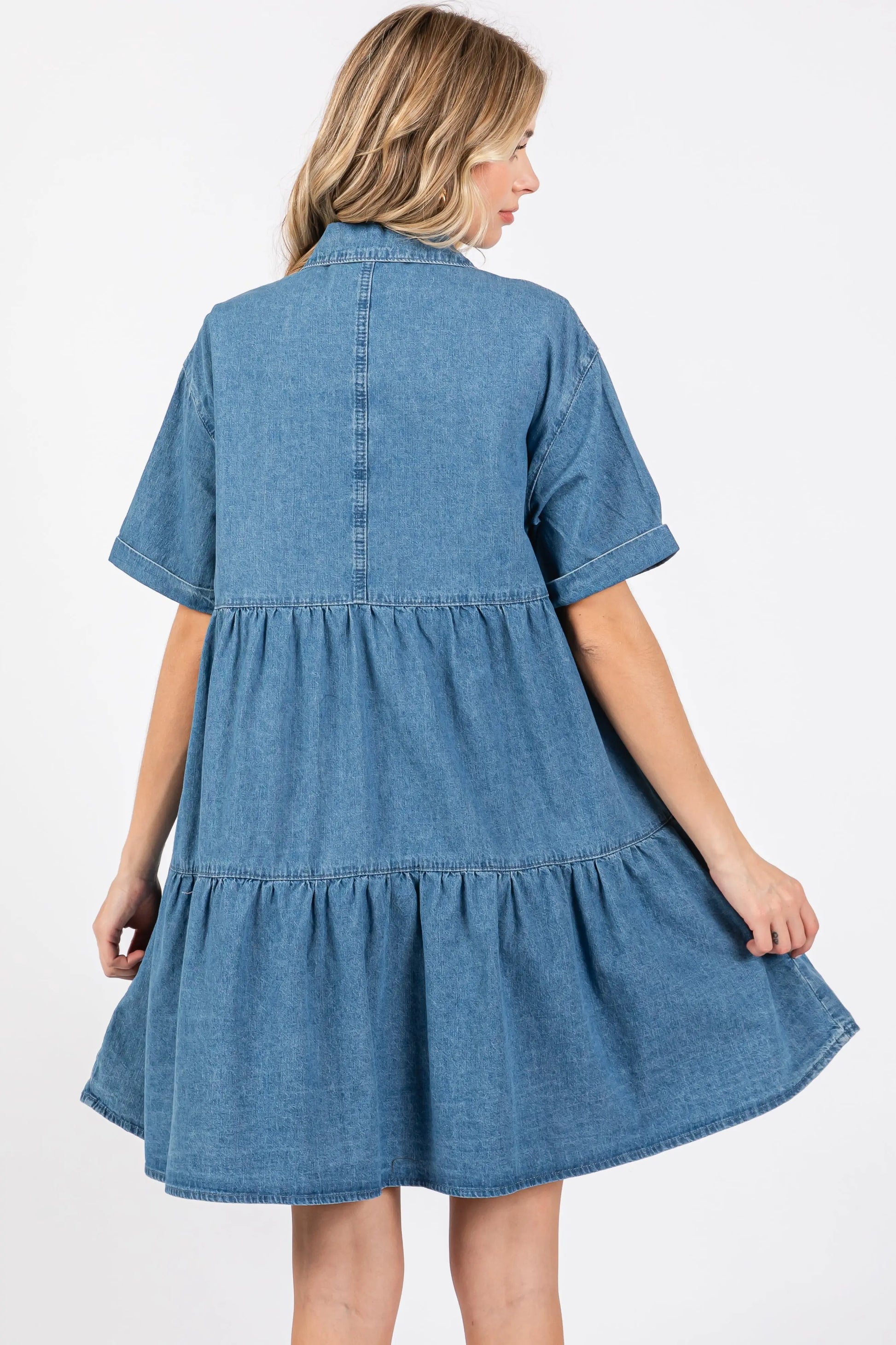 Blue Denim Button Down Tiered Dress PinkBlush