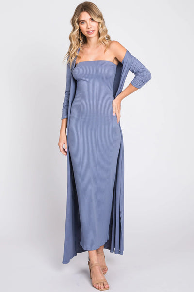 Stylish Blue Ribbed Dress Cardigan Set with Long Sleeve for Trendy Women