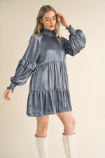 PinkBlush Dusty Denim Blue Mock Neck Tiered Mini Dress for Stylish Casual Outings - Apparel & Accessories > Clothing > Dresses Apparel & Accessories > Clothing > Dresses