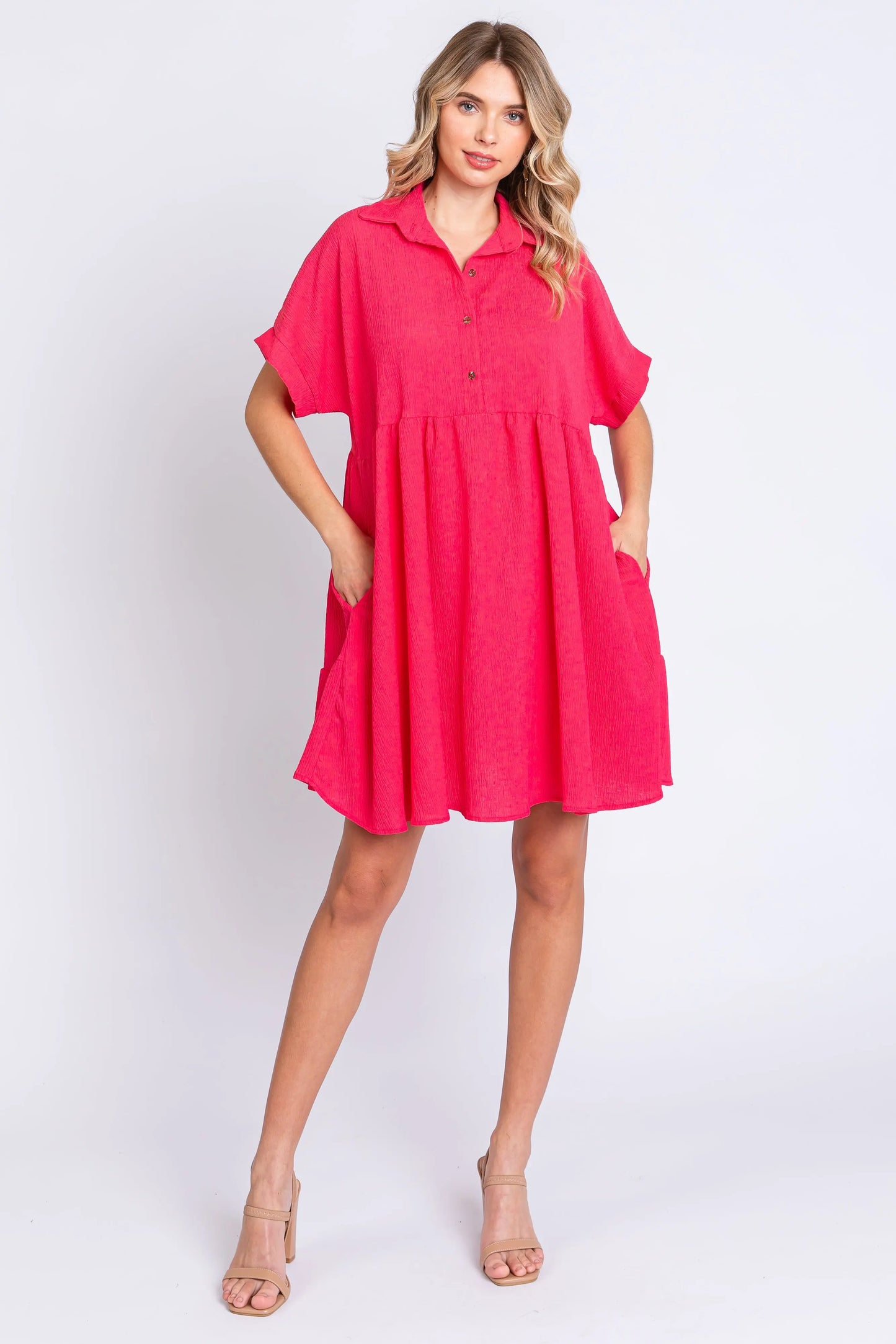 PinkBlush Coral Short Sleeve Dress with Tiered Back and Pockets for Summer Style - Apparel & Accessories > Clothing > Dresses