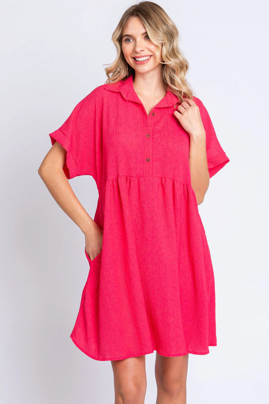 PinkBlush Coral Short Sleeve Dress with Tiered Back and Pockets for Summer Style - Apparel & Accessories > Clothing > Dresses