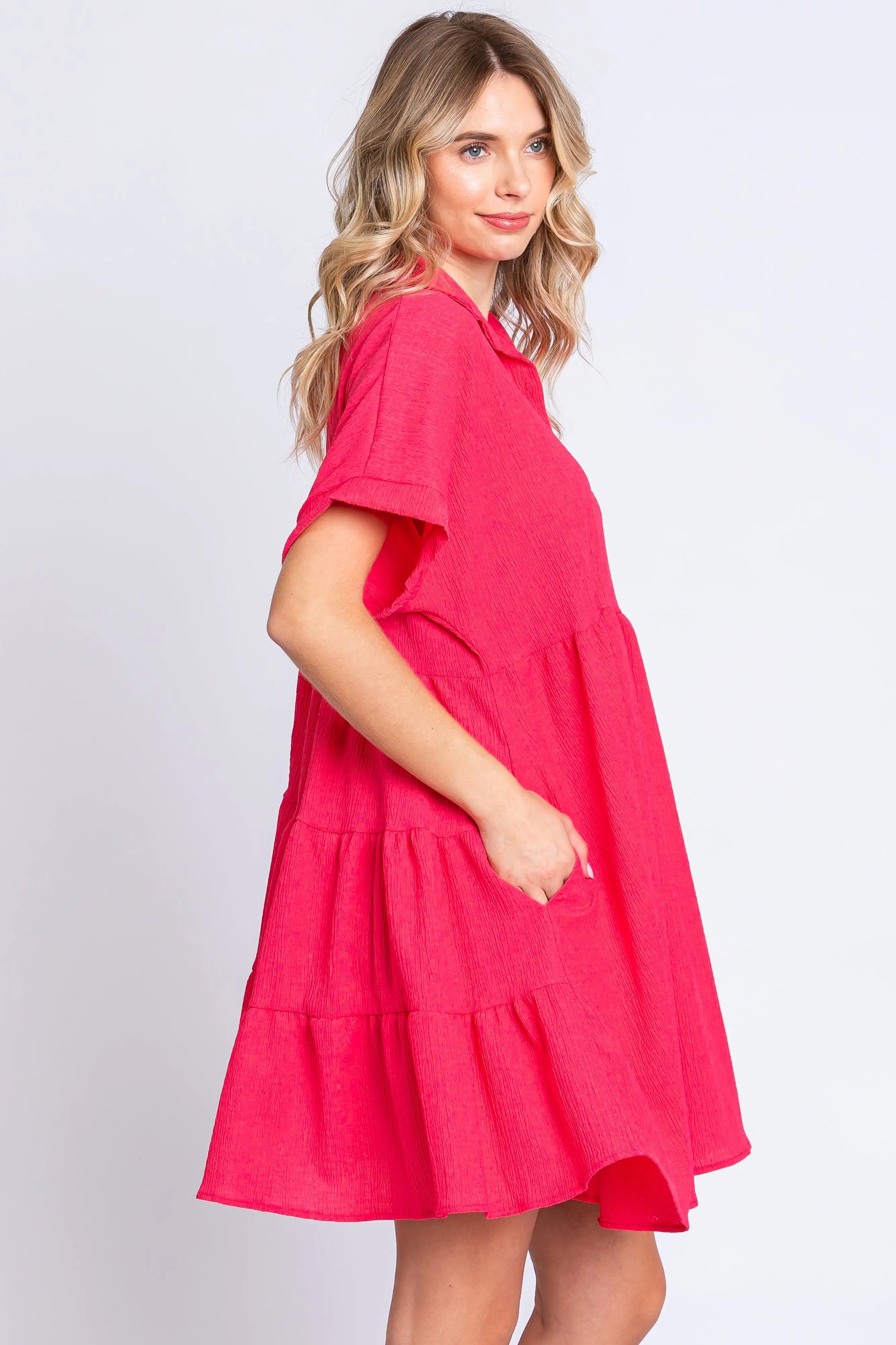PinkBlush Coral Short Sleeve Dress with Tiered Back and Pockets for Summer Style - Apparel & Accessories > Clothing > Dresses