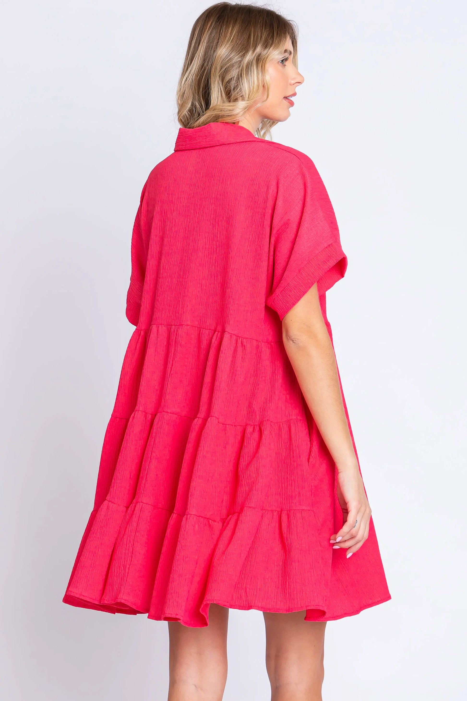 PinkBlush Coral Short Sleeve Dress with Tiered Back and Pockets for Summer Style - Apparel & Accessories > Clothing > Dresses