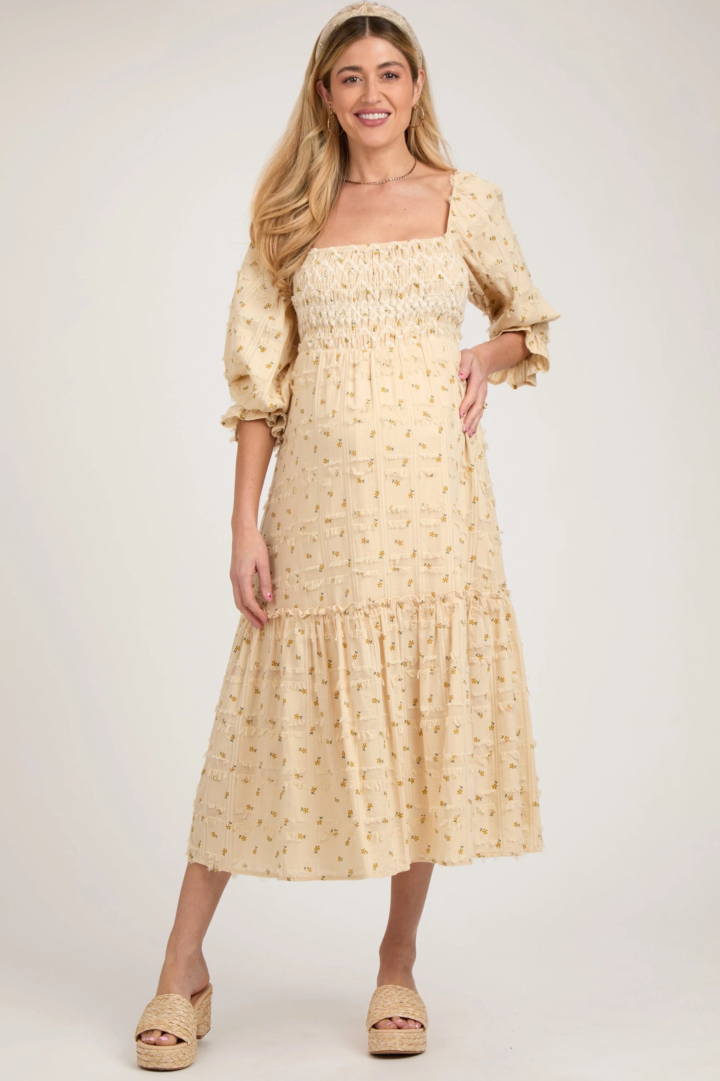 Beige Floral Square Neck Smocked Fringe Maternity Midi Dress PinkBlush