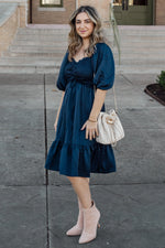 Navy Satin Smocked Ruffle Hem Dress PinkBlush 