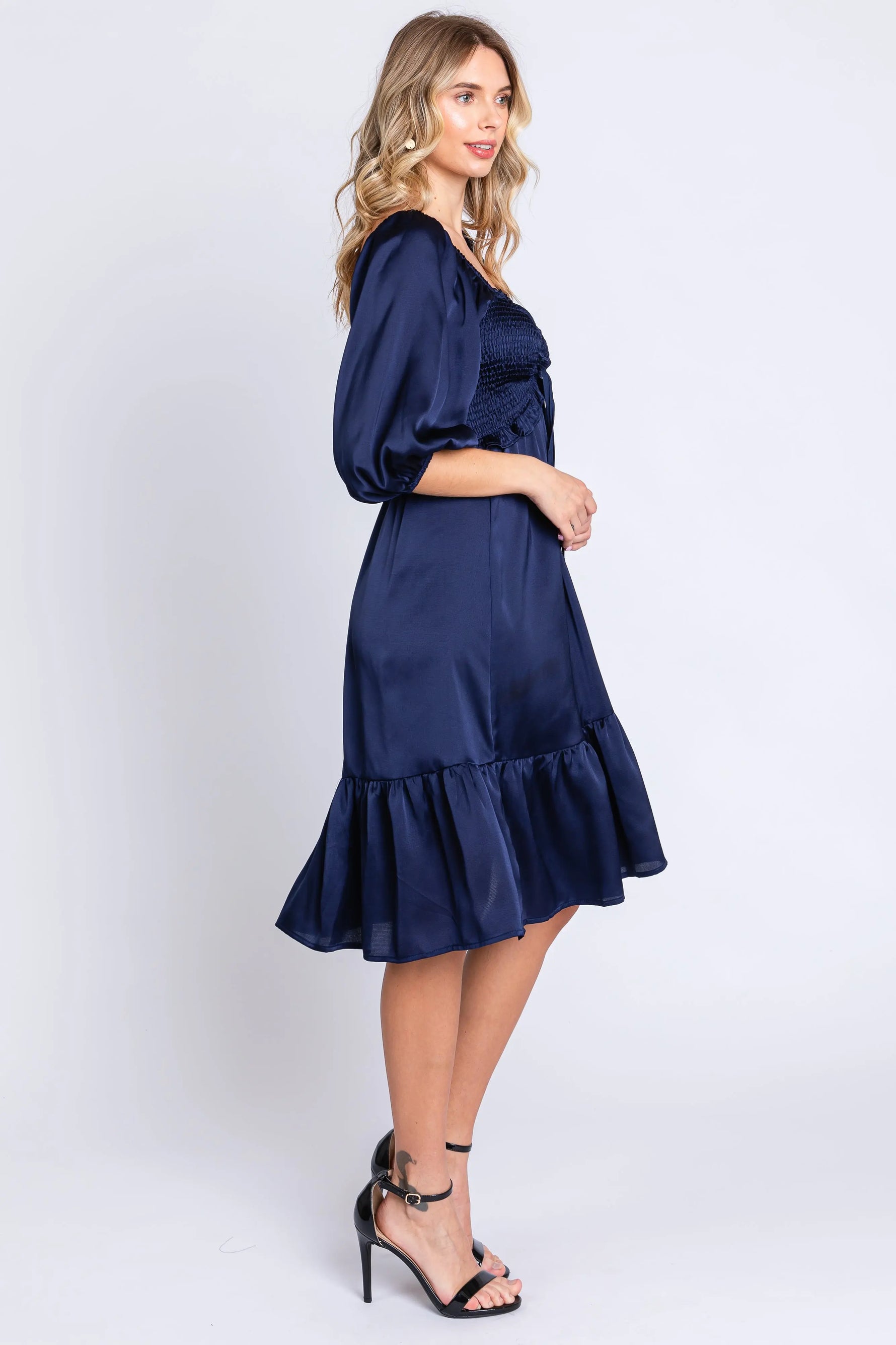 Navy Satin Smocked Ruffle Hem Dress PinkBlush 