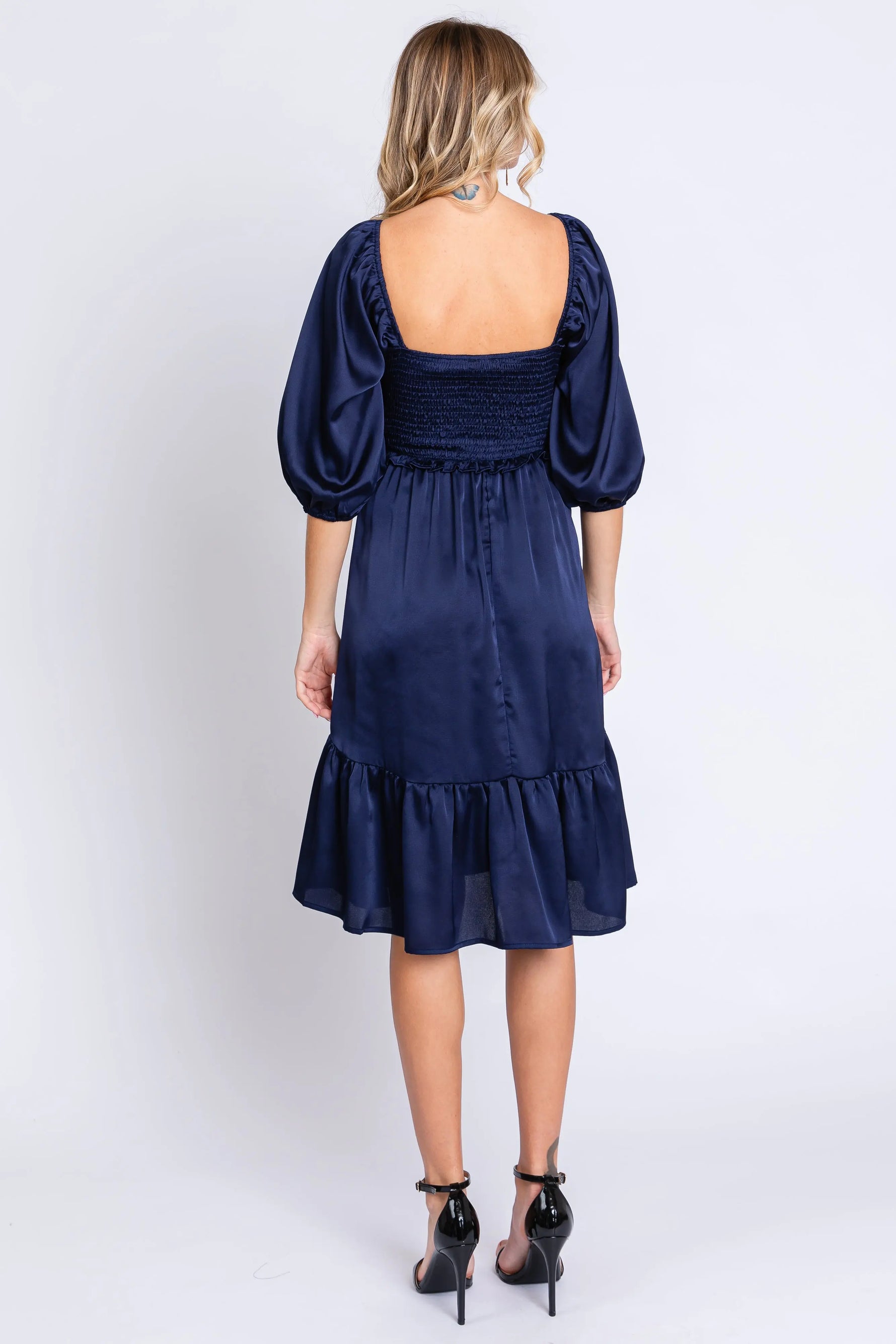 Navy Satin Smocked Ruffle Hem Dress PinkBlush 