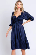 Navy Satin Smocked Ruffle Hem Dress PinkBlush 