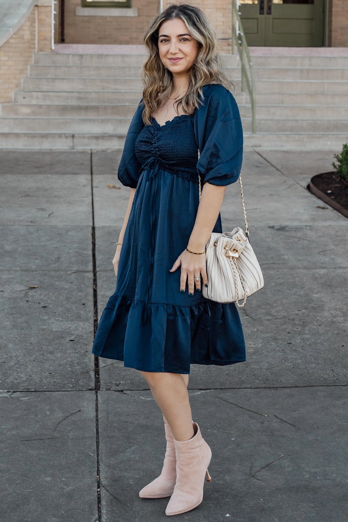 Navy Satin Smocked Ruffle Hem Dress PinkBlush 