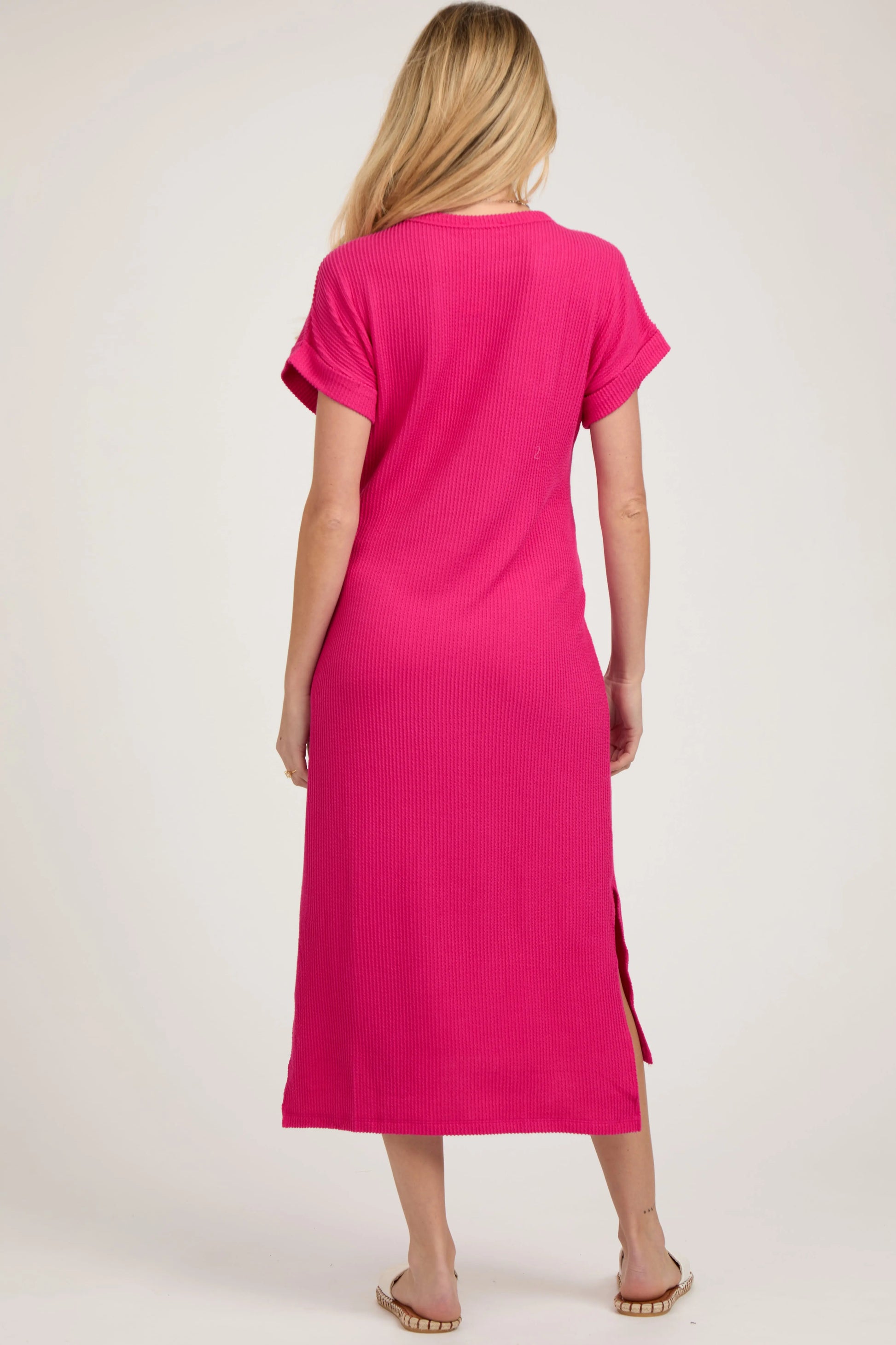 Fuchsia Ribbed Short Sleeve Maternity Midi Dress PinkBlush