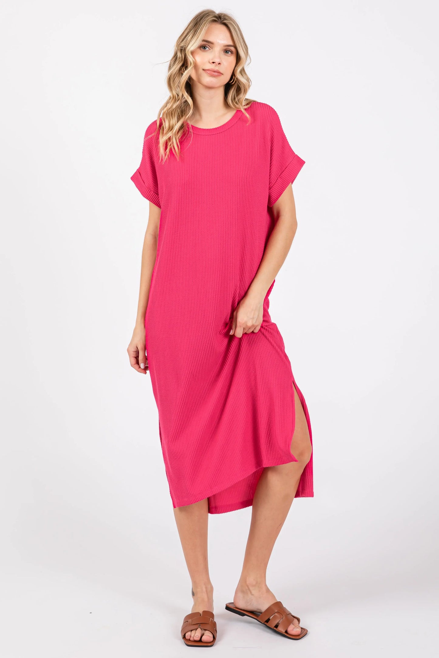 Fuchsia Ribbed Short Sleeve Maternity Midi Dress PinkBlush