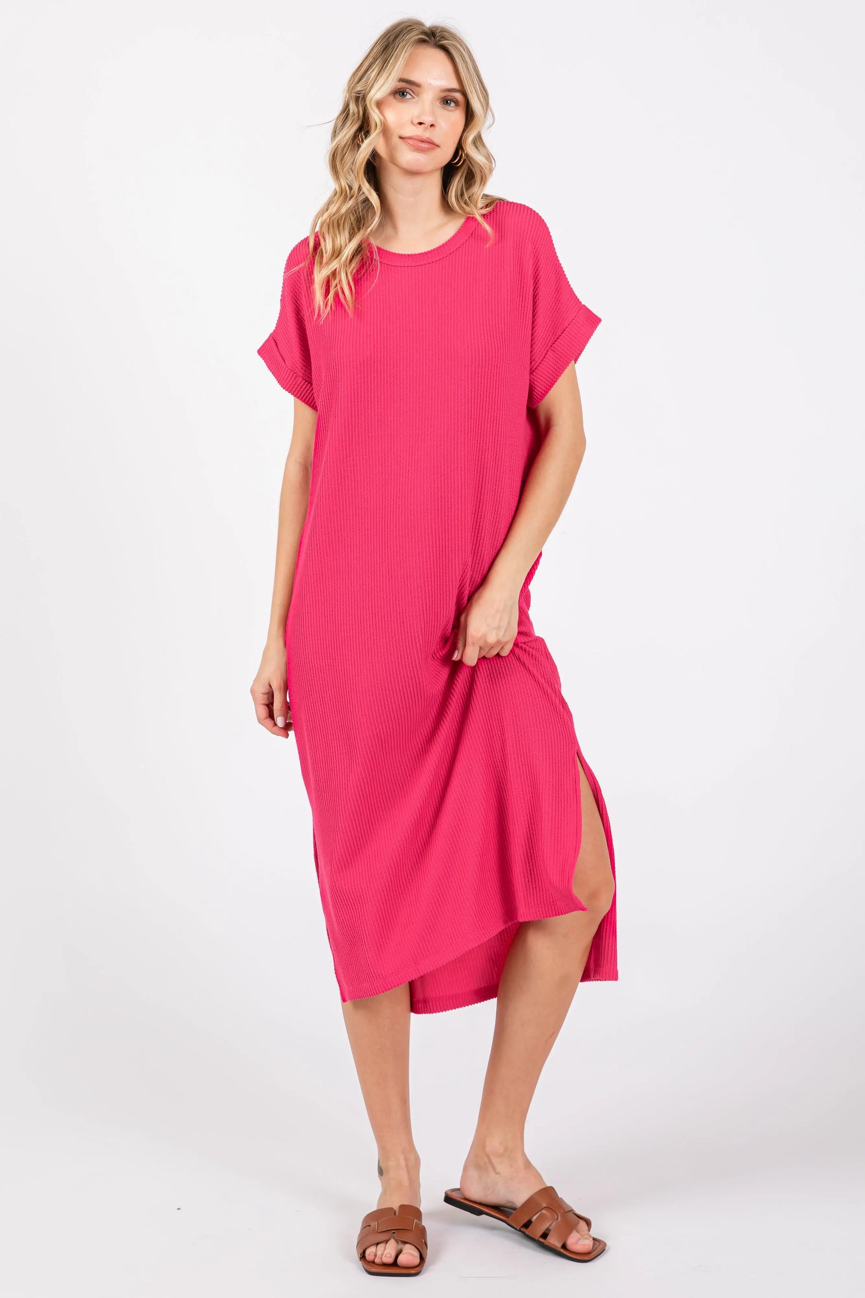 PinkBlush Fuchsia Ribbed Maternity Midi Dress with Stretch Fabric for Expecting Mothers - Apparel & Accessories > Clothing > Maternity Clothing > Maternity Dresses Apparel & Accessories > Clothing > Dresses