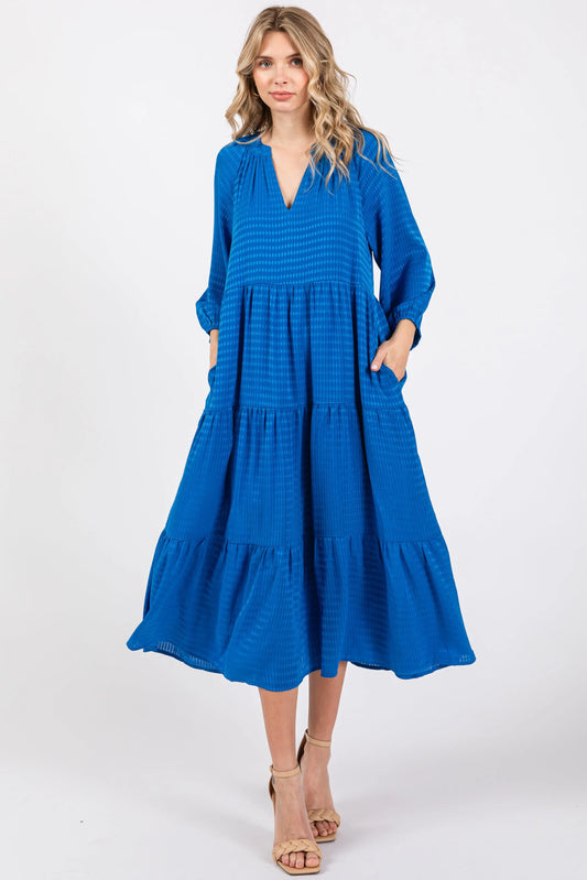 PinkBlush Royal Textured Midi Dress with V Neckline for Modern Women - Apparel & Accessories > Clothing > Dresses