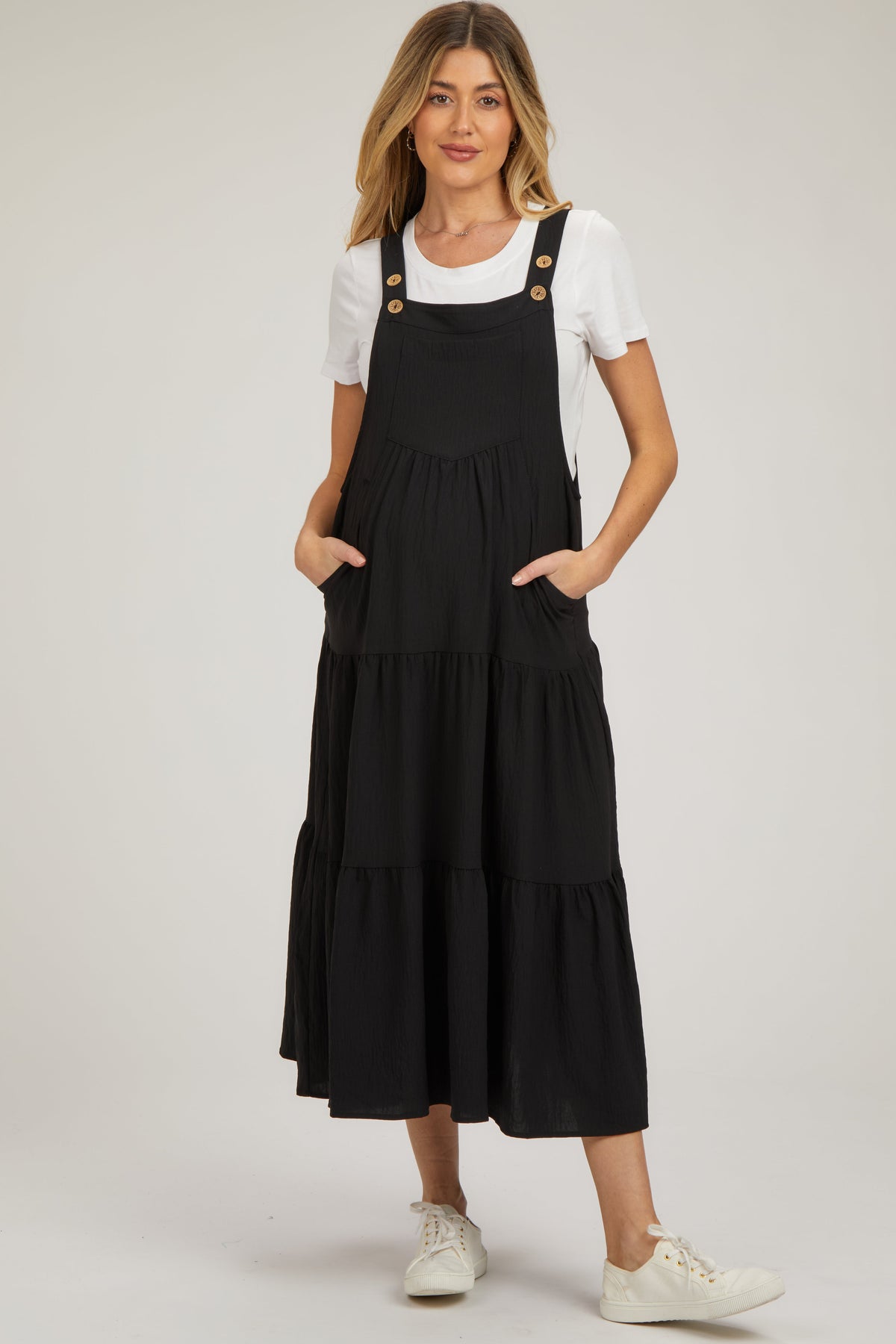 Black Button Sling Tiered Maternity Midi Dress by PinkBlush at Everetts Place