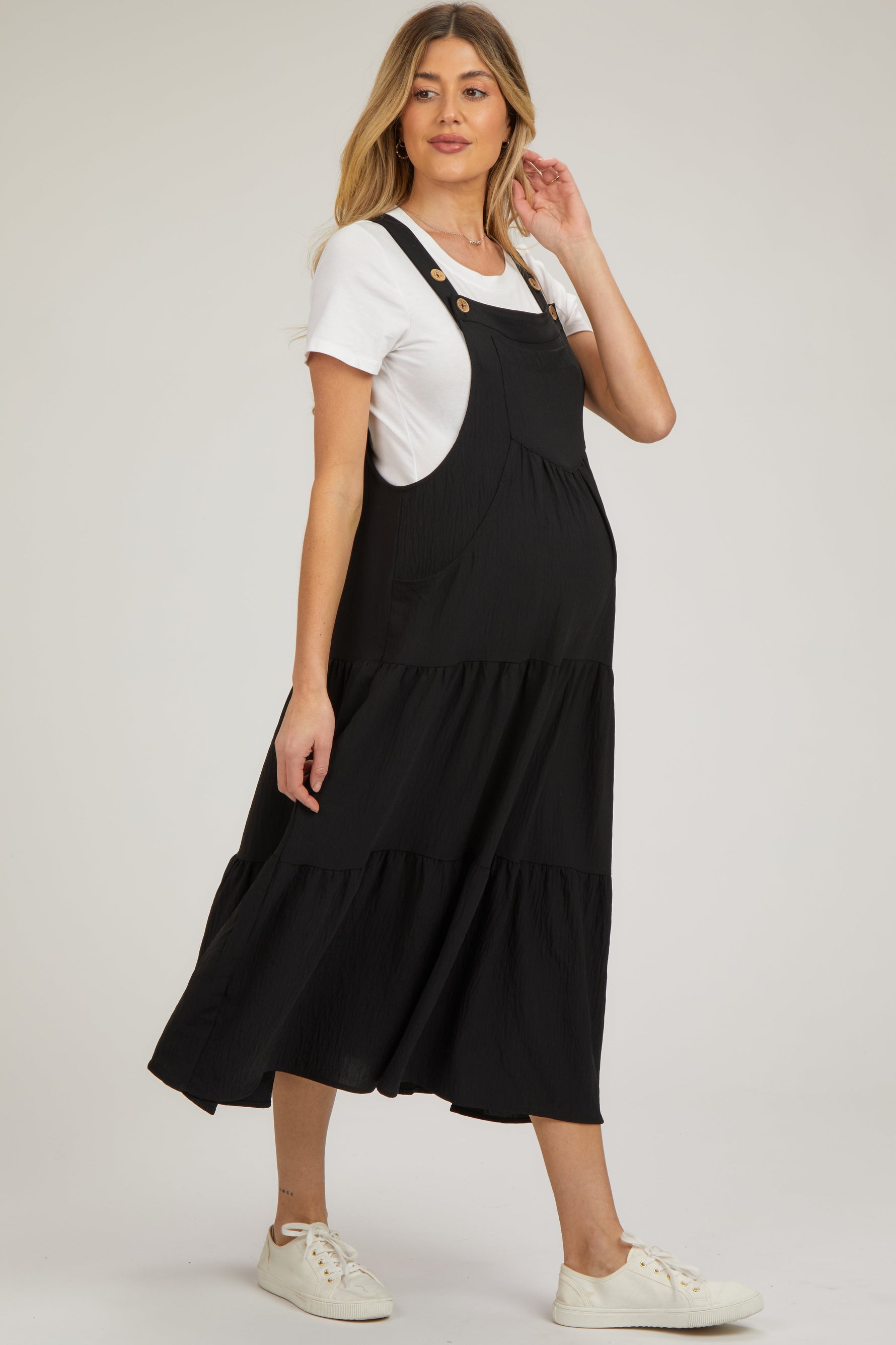 Black Button Sling Tiered Maternity Midi Dress by PinkBlush at Everetts Place