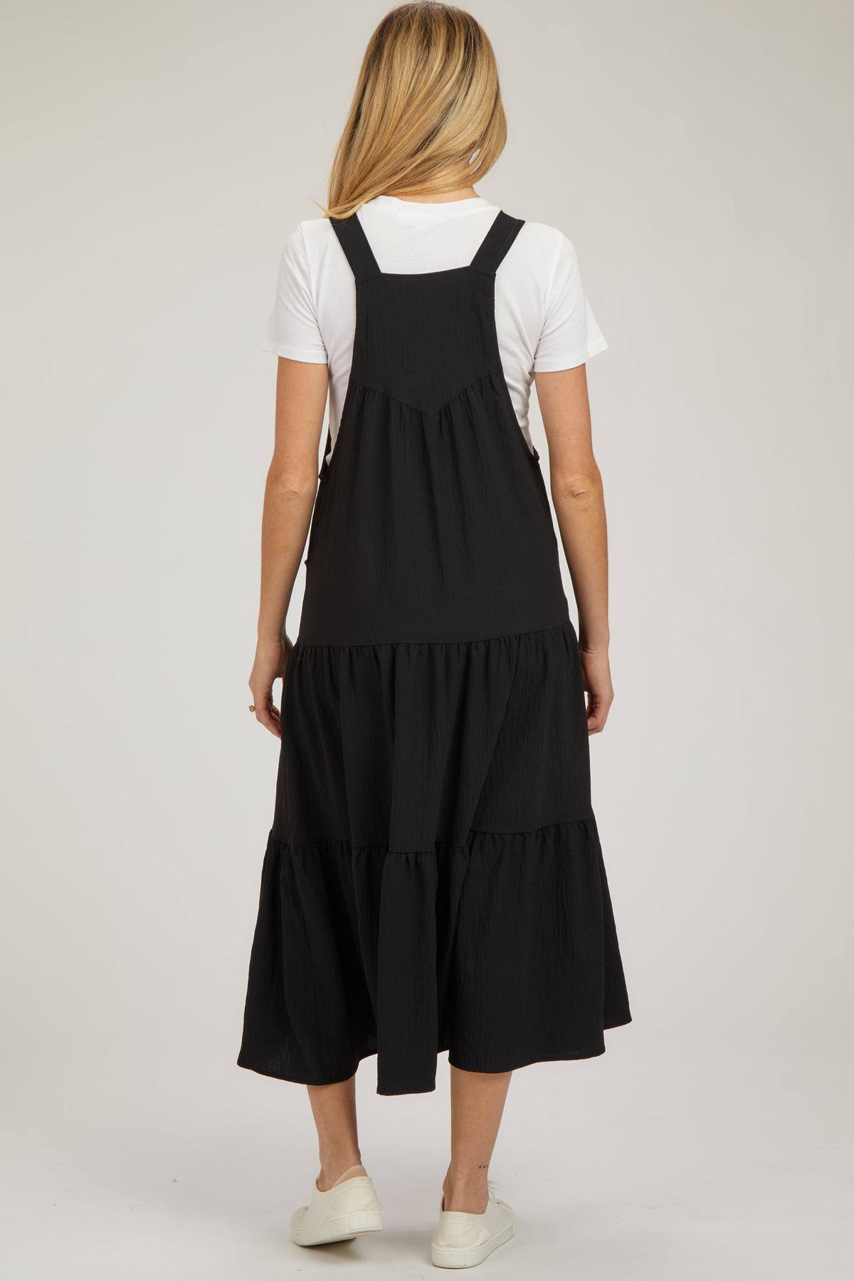 Black Button Sling Tiered Maternity Midi Dress by PinkBlush at Everetts Place