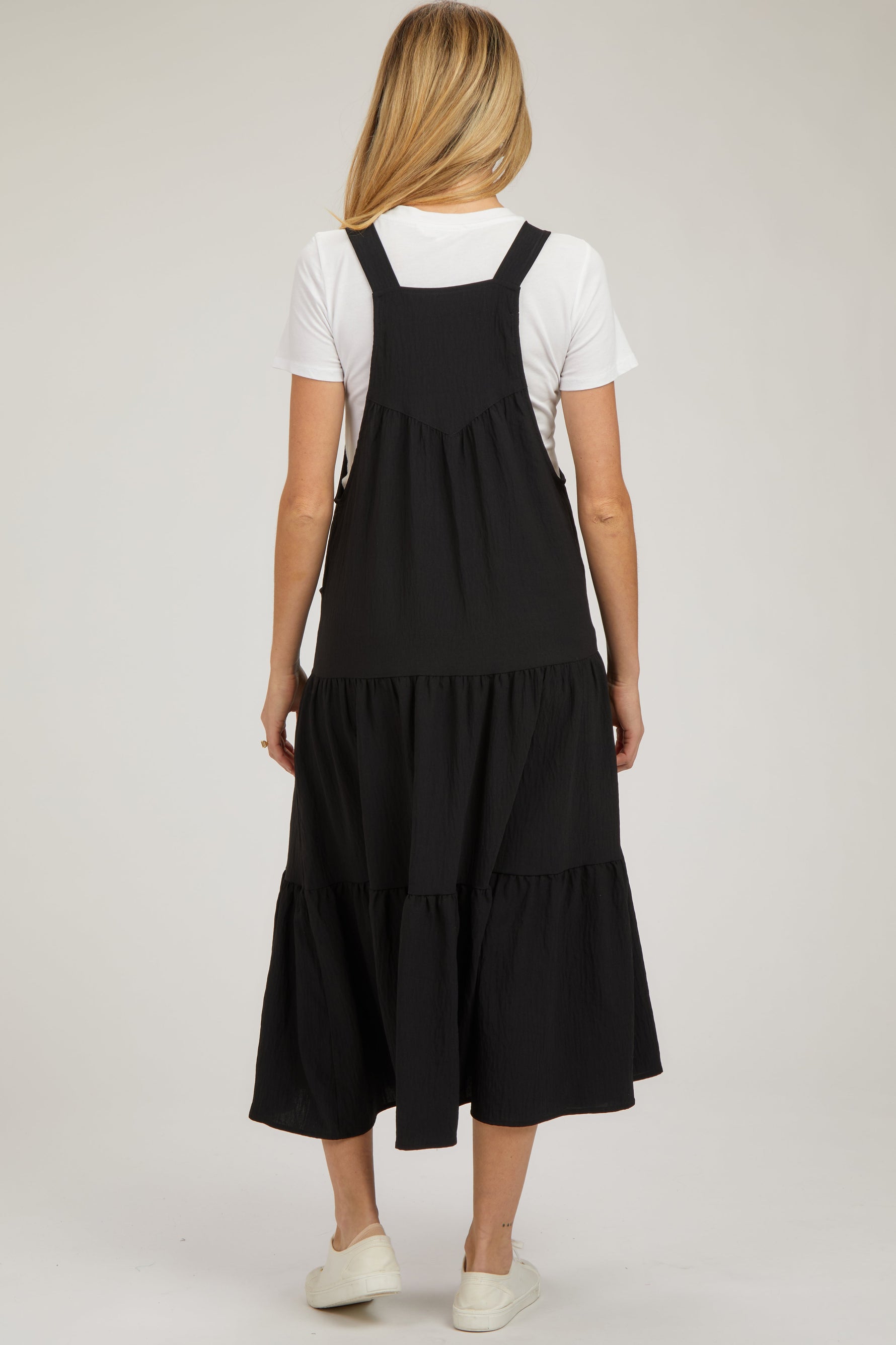 Black Button Sling Tiered Maternity Midi Dress by PinkBlush at Everetts Place
