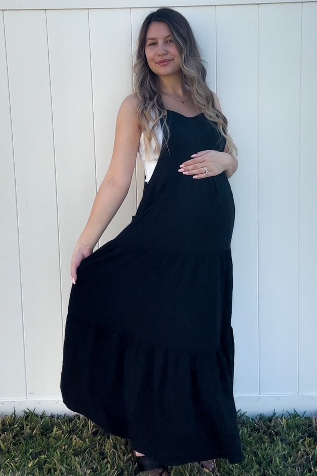 Black Button Sling Tiered Maternity Midi Dress by PinkBlush at Everetts Place