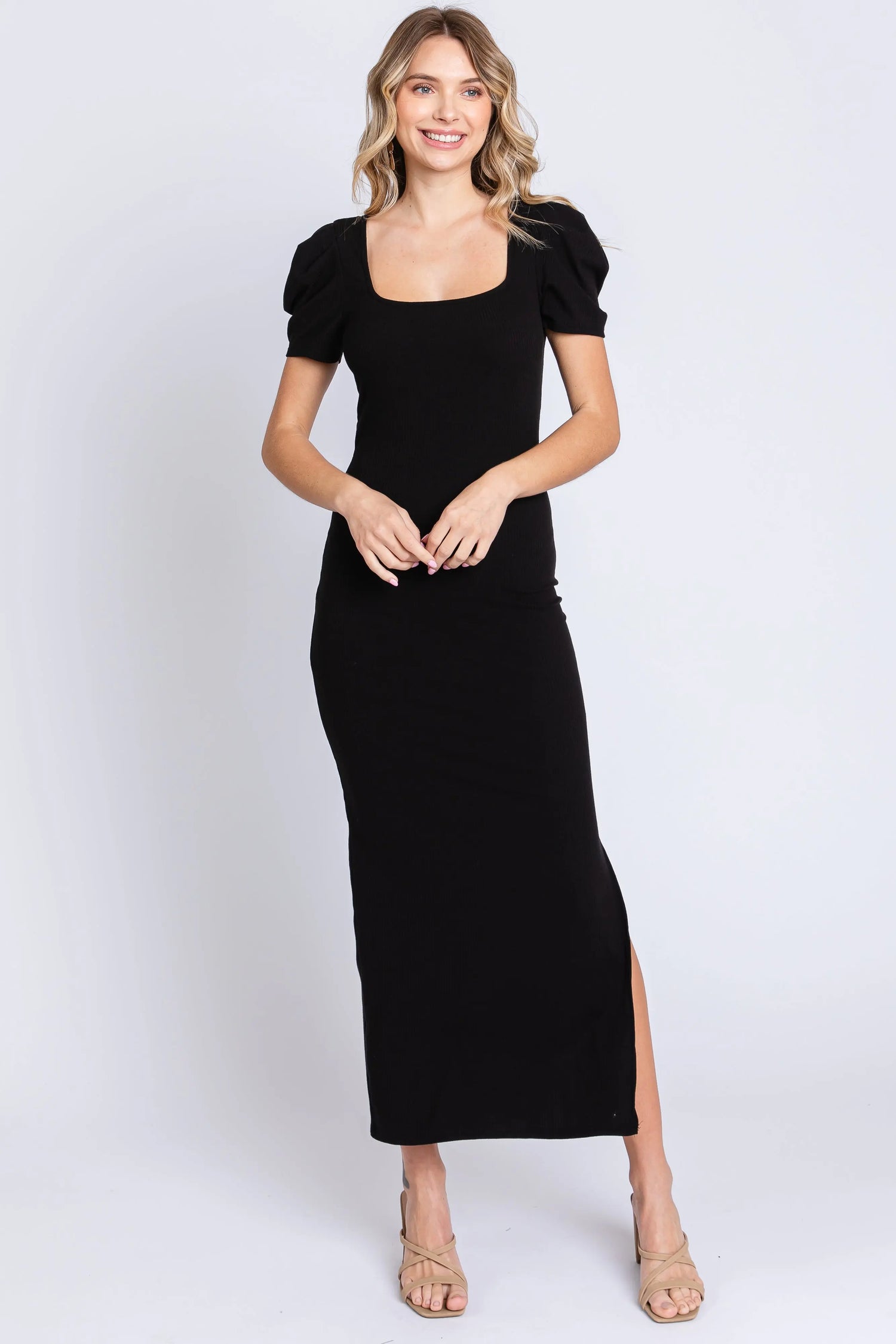 PinkBlush Chic Black Ribbed Dress with Side Slit for Modern Women - Apparel & Accessories > Clothing > Dresses