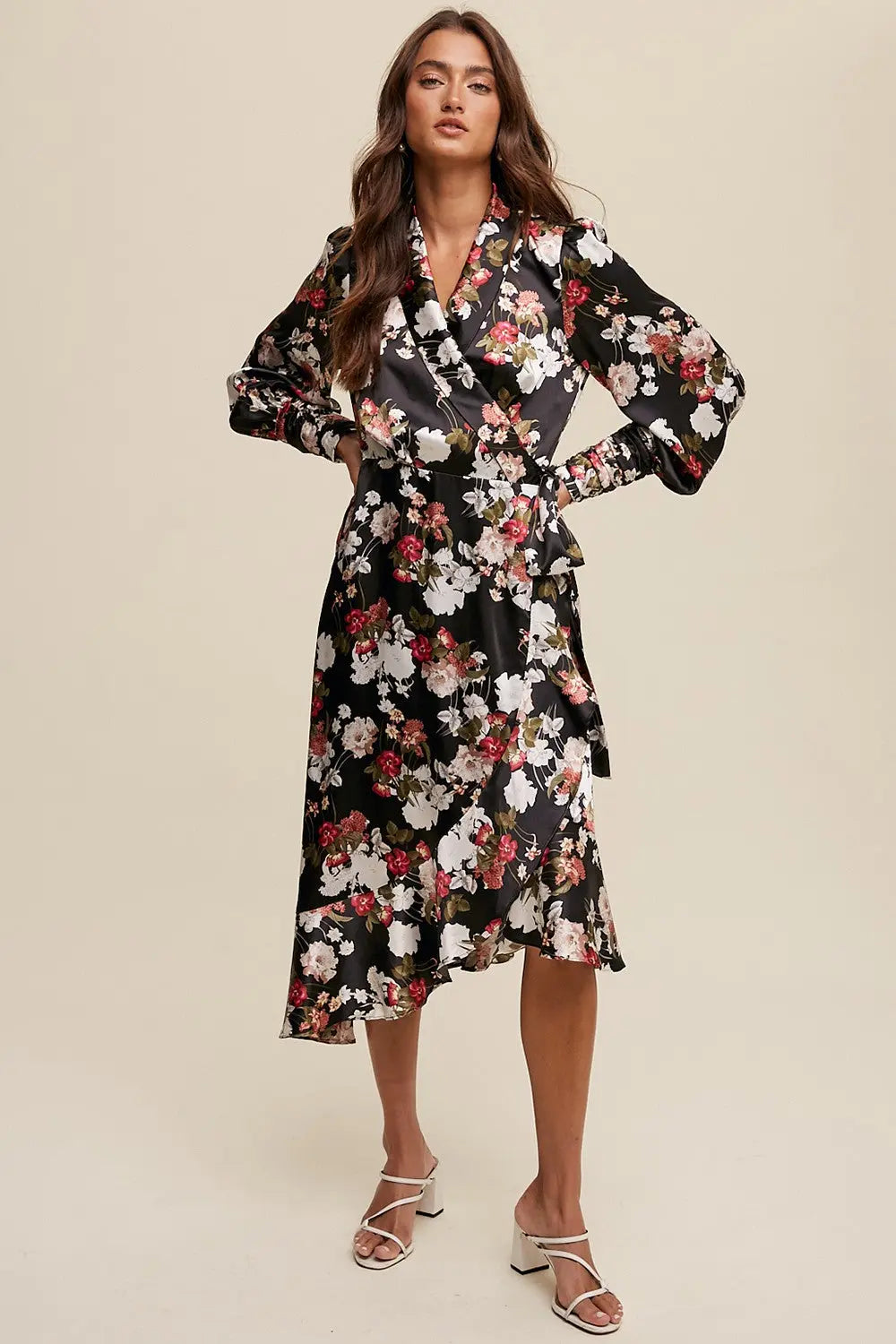 PinkBlush Elegant Satin Wrap Midi Dress with Floral Print for Stylish Women - Apparel & Accessories > Clothing > Dresses