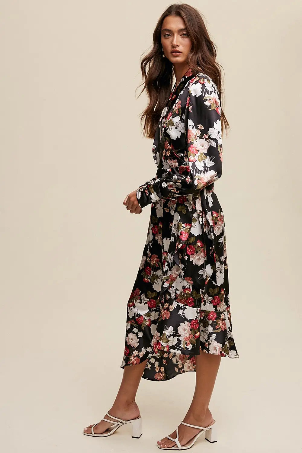 PinkBlush Elegant Satin Wrap Midi Dress with Floral Print for Stylish Women - Apparel & Accessories > Clothing > Dresses