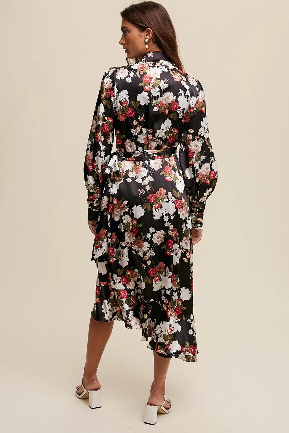 PinkBlush Elegant Satin Wrap Midi Dress with Floral Print for Stylish Women - Apparel & Accessories > Clothing > Dresses