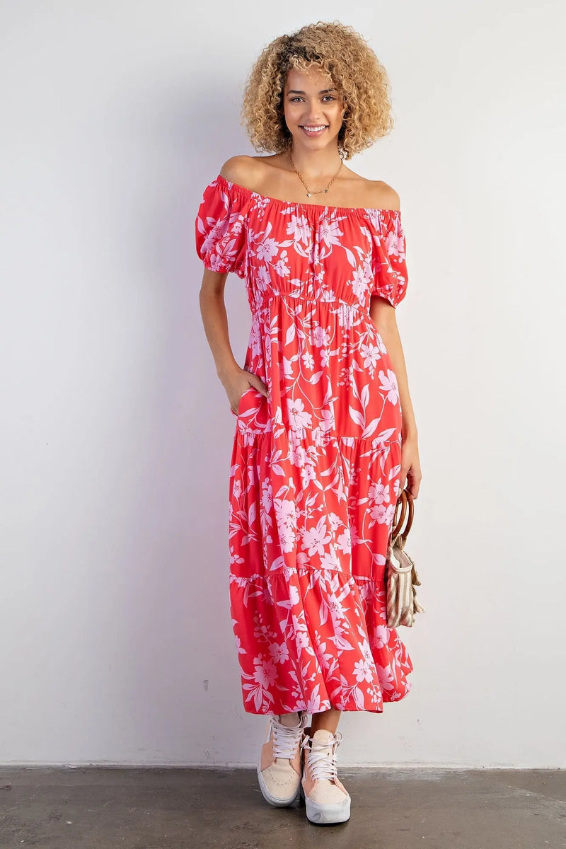 Coral Floral Off Shoulder Puff Sleeve Maternity Midi Dress PinkBlush