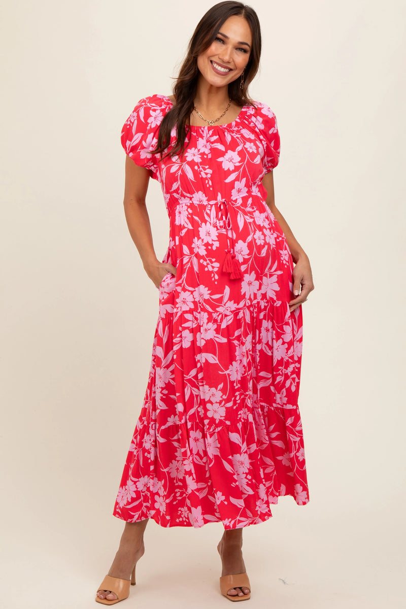 Coral Floral Off Shoulder Puff Sleeve Maternity Midi Dress PinkBlush