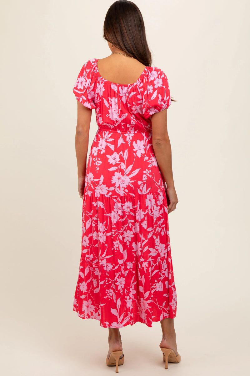 Coral Floral Off Shoulder Puff Sleeve Maternity Midi Dress PinkBlush