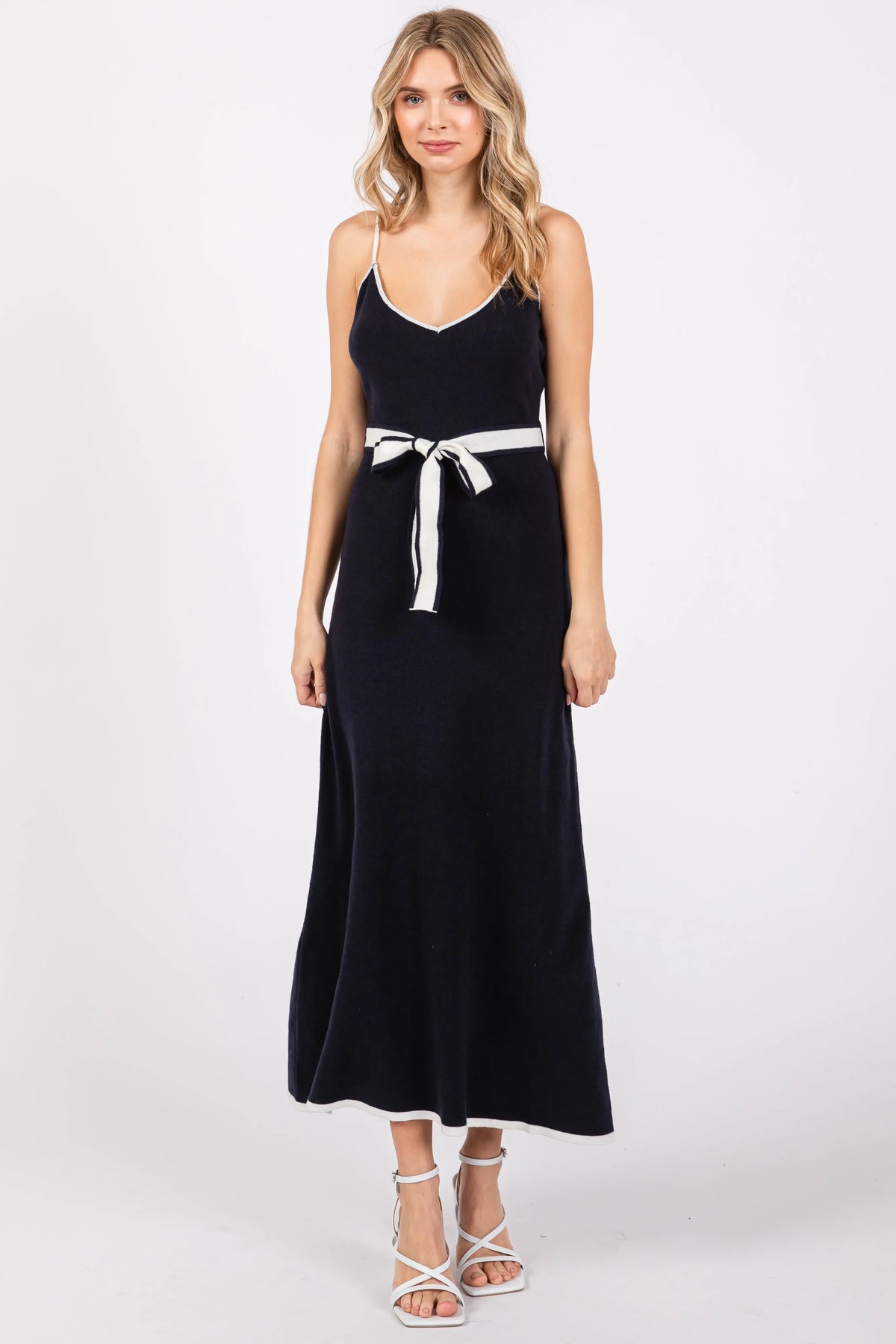 Navy Contrast Piping Maternity Midi Dress PinkBlush 