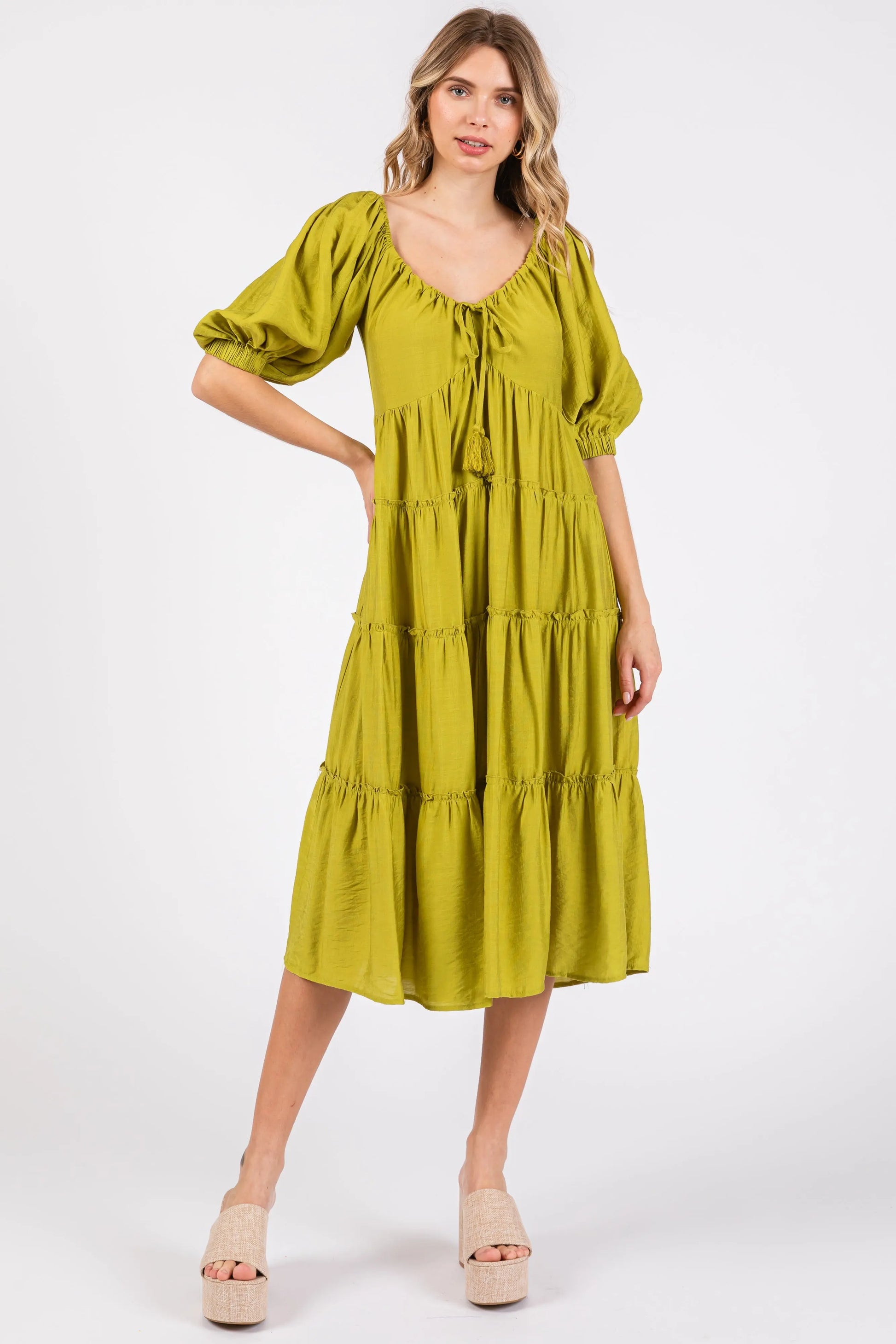 Lime Tiered Midi Dress With Short Sleeves And Self Tie Neck PinkBlush