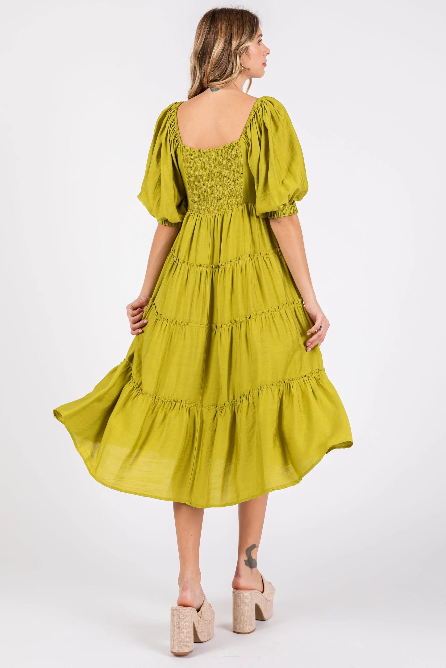 Lime Tiered Midi Dress With Short Sleeves And Self Tie Neck PinkBlush
