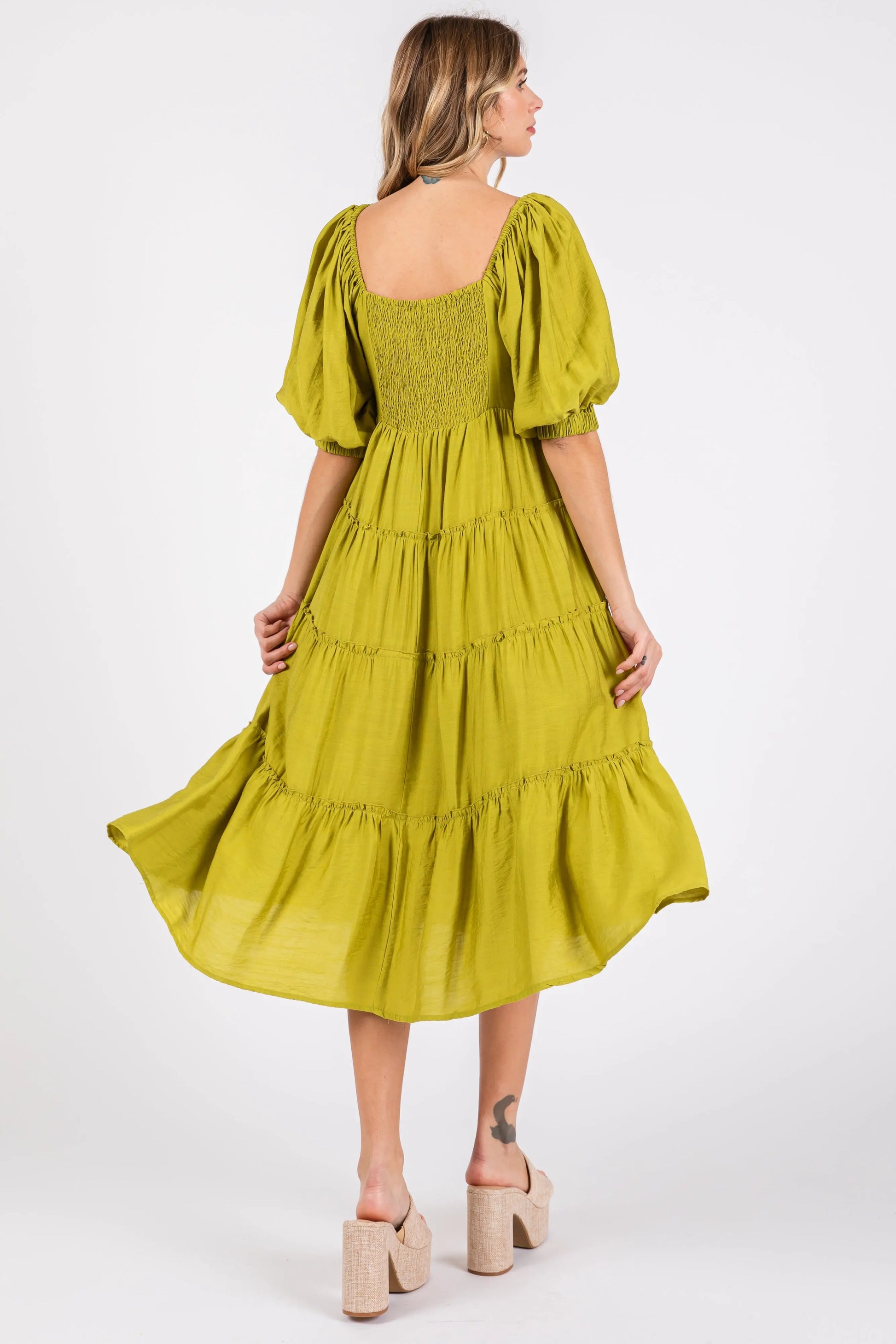Lime Tiered Midi Dress With Short Sleeves And Self Tie Neck PinkBlush