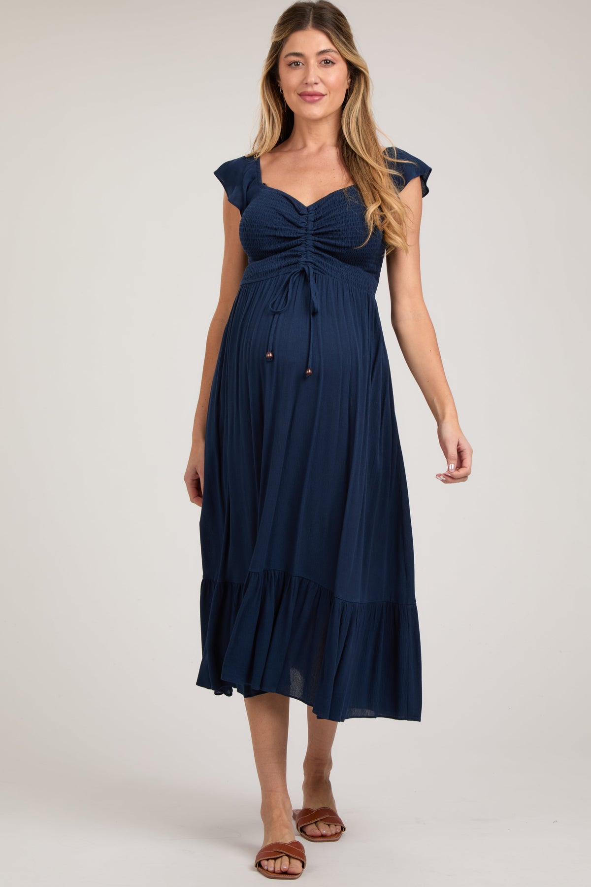Navy Smocked Ruched Ruffle Hem Maternity Maxi Dress by PinkBlush