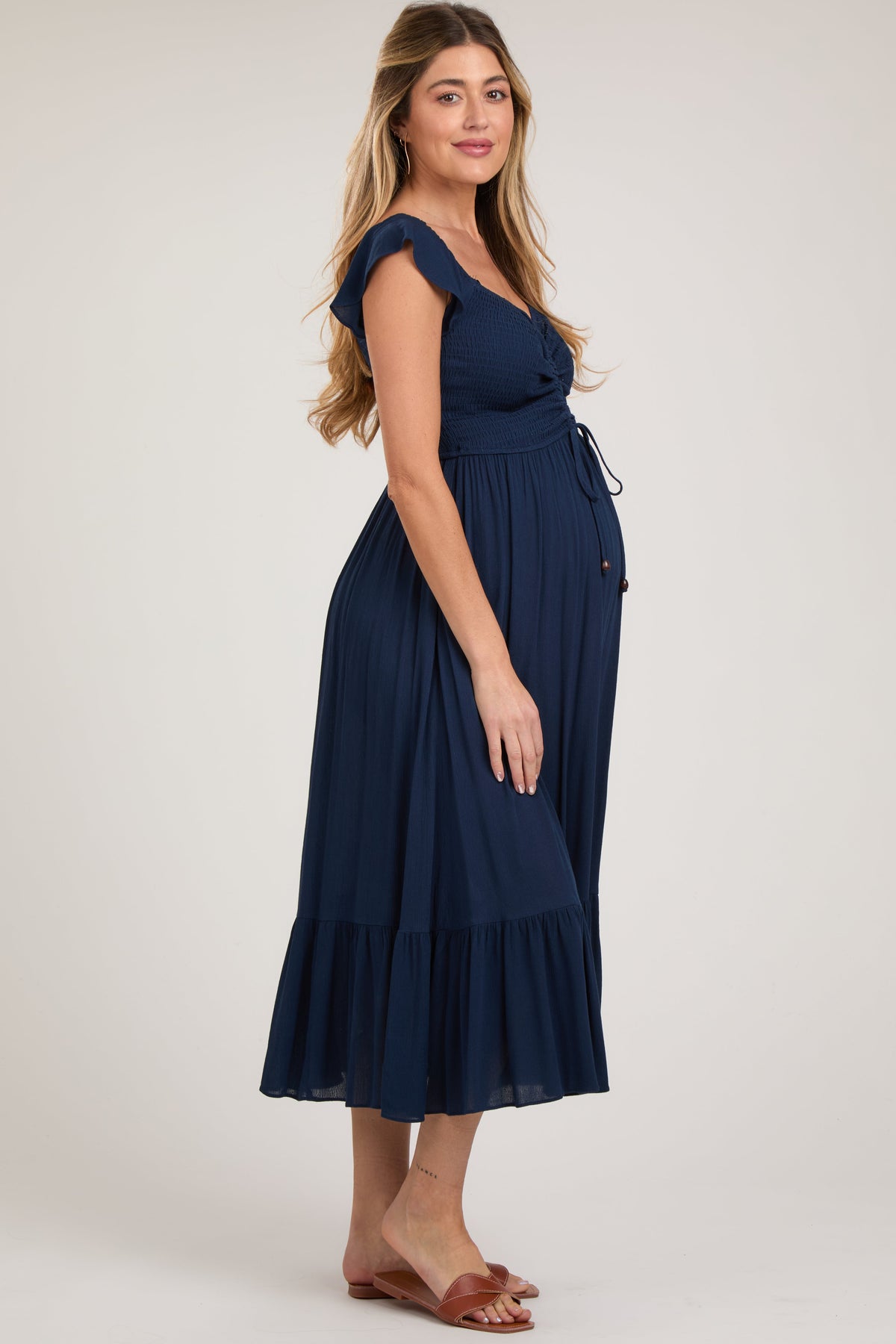 Navy Smocked Ruched Ruffle Hem Maternity Maxi Dress by PinkBlush