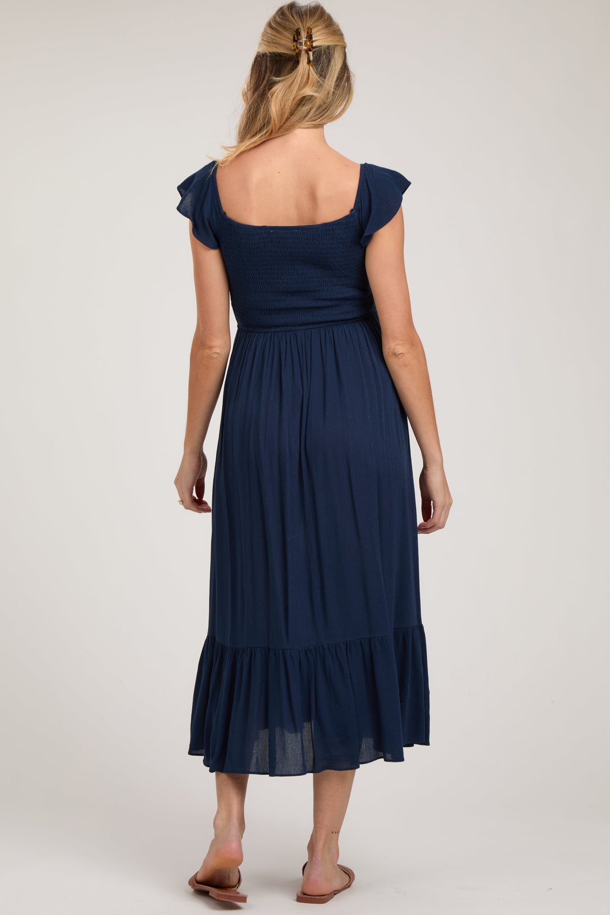 Navy Smocked Ruched Ruffle Hem Maternity Maxi Dress by PinkBlush