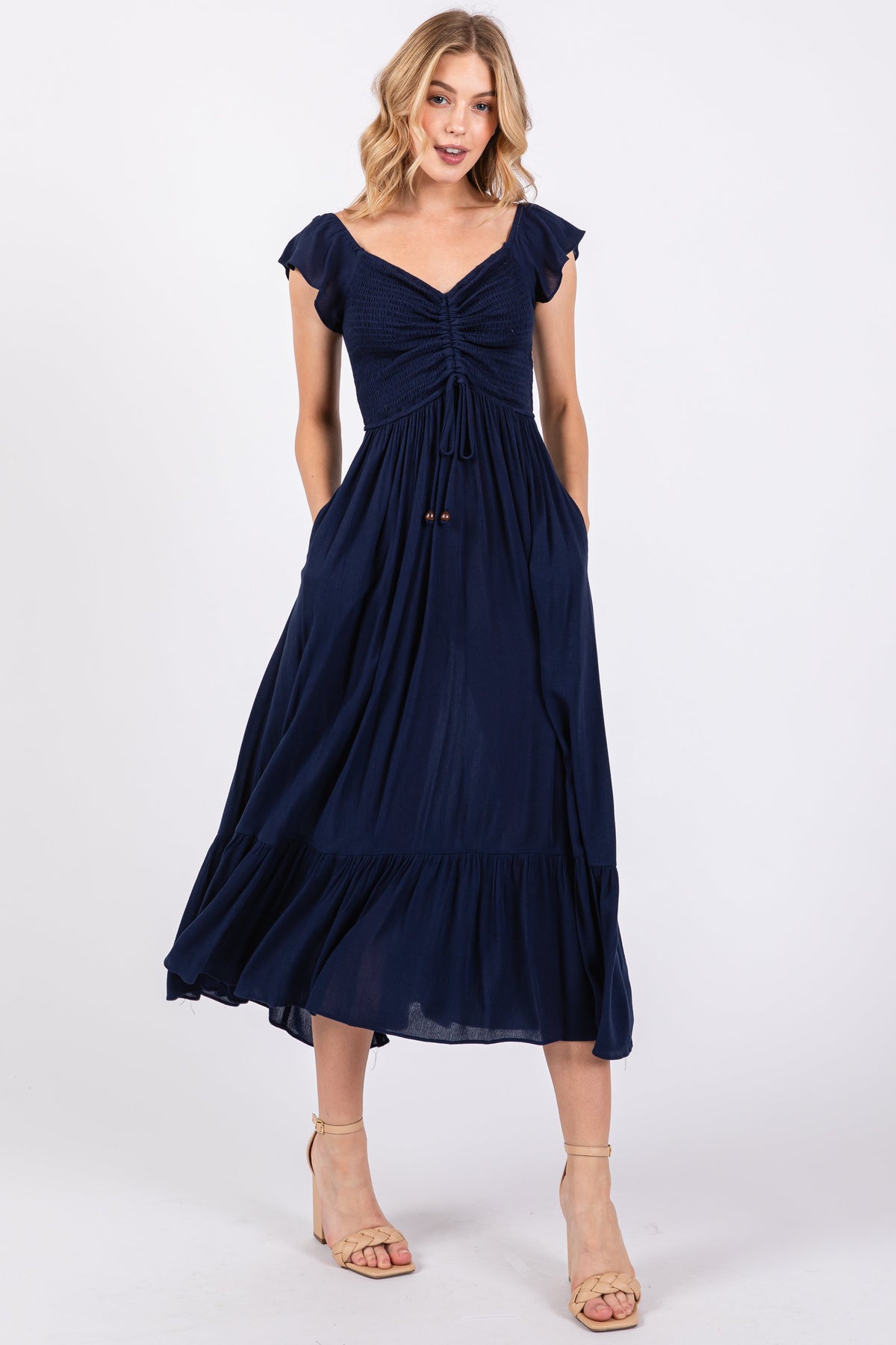 Navy Smocked Ruched Ruffle Hem Maternity Maxi Dress by PinkBlush